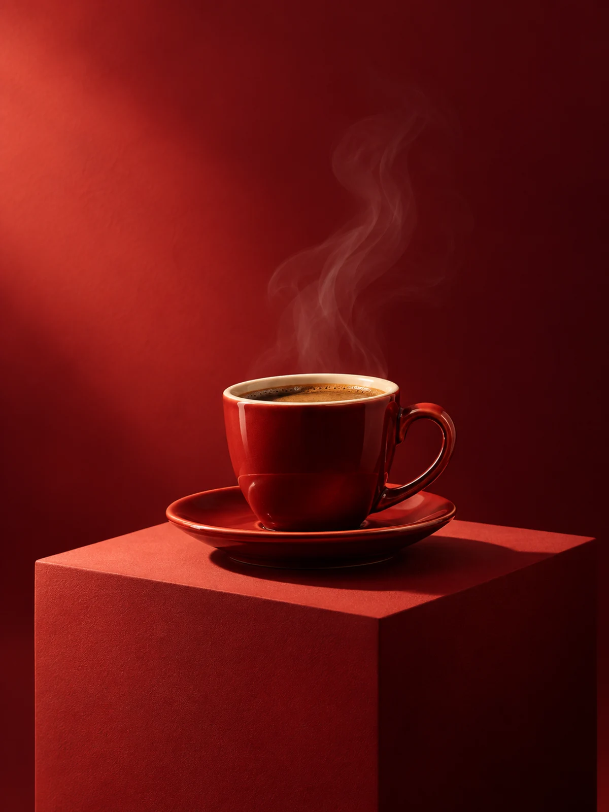 Een rode keramieken koffiekop op een sculpturale rode sokkel